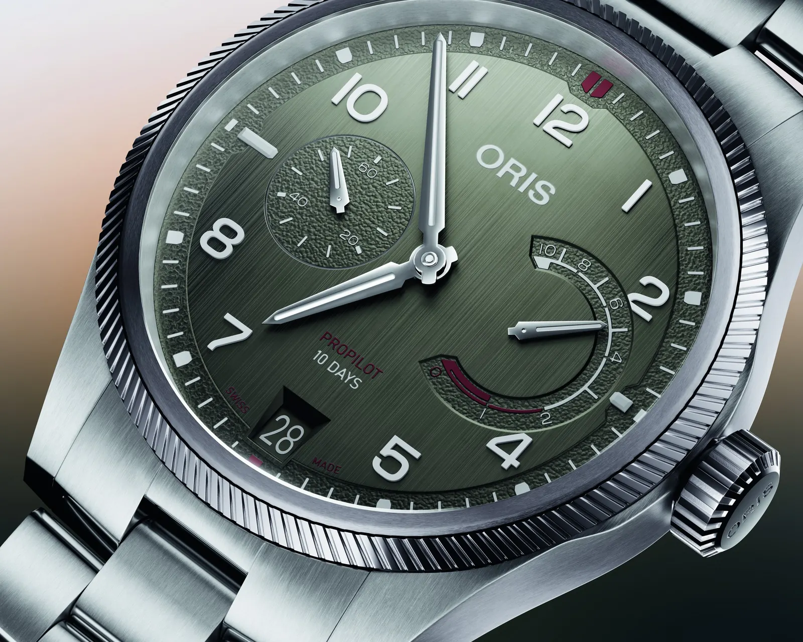 Oris Calibre 111 movement detail, hand-wound with non-linear power reserve indicator