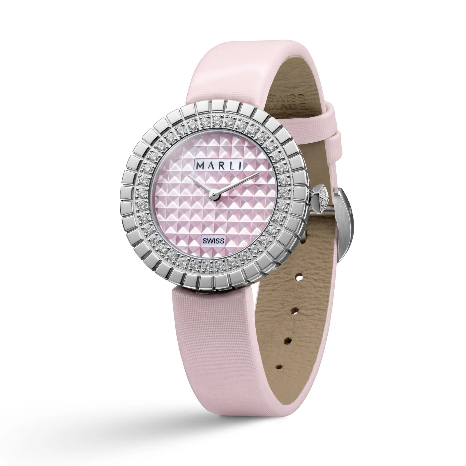 Close-up of MARLI pyramid tapisserie dial in light pink mother-of-pearl