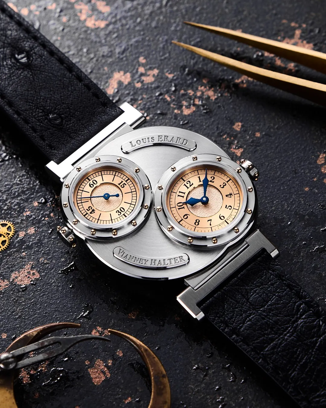Close-up of the 67-component stainless steel case and yellow-gilt 1N rivets on Louis Erard Futur Antérieur