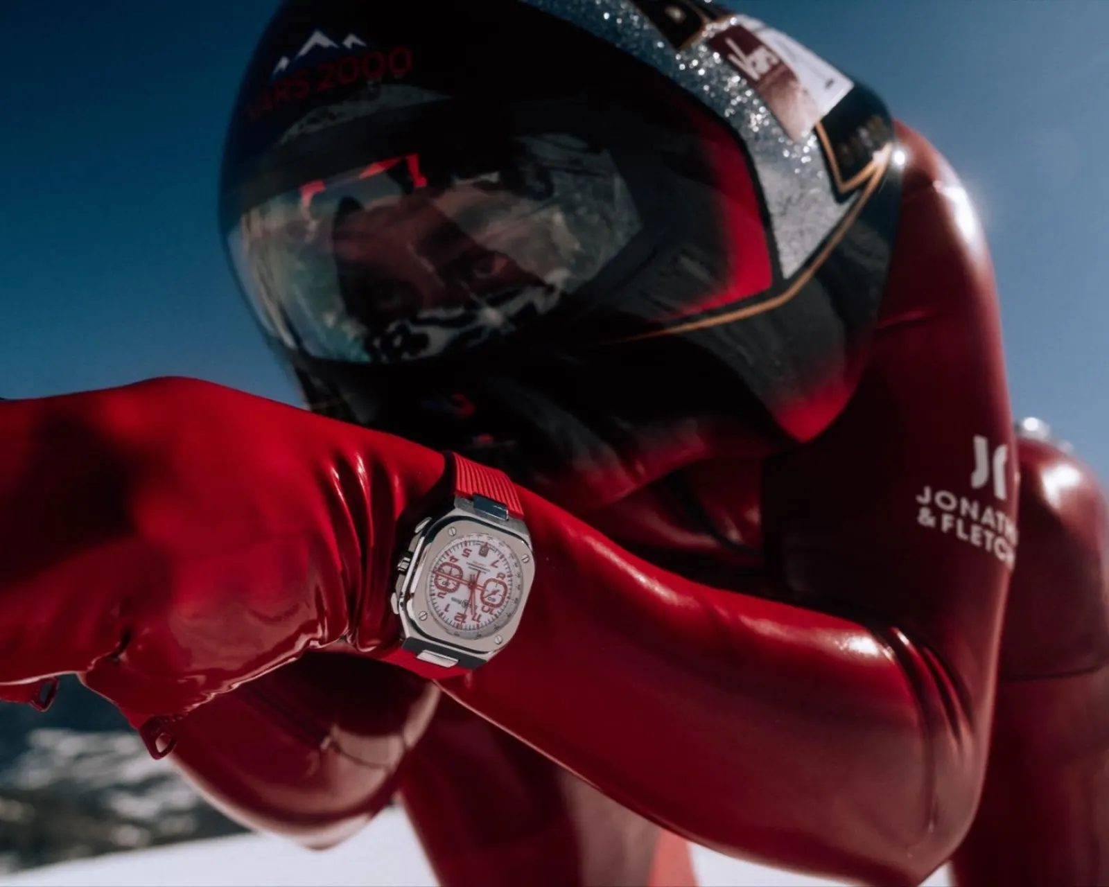 BR-05 Chrono Snow Rocket sapphire caseback featuring red speed skier silhouette
