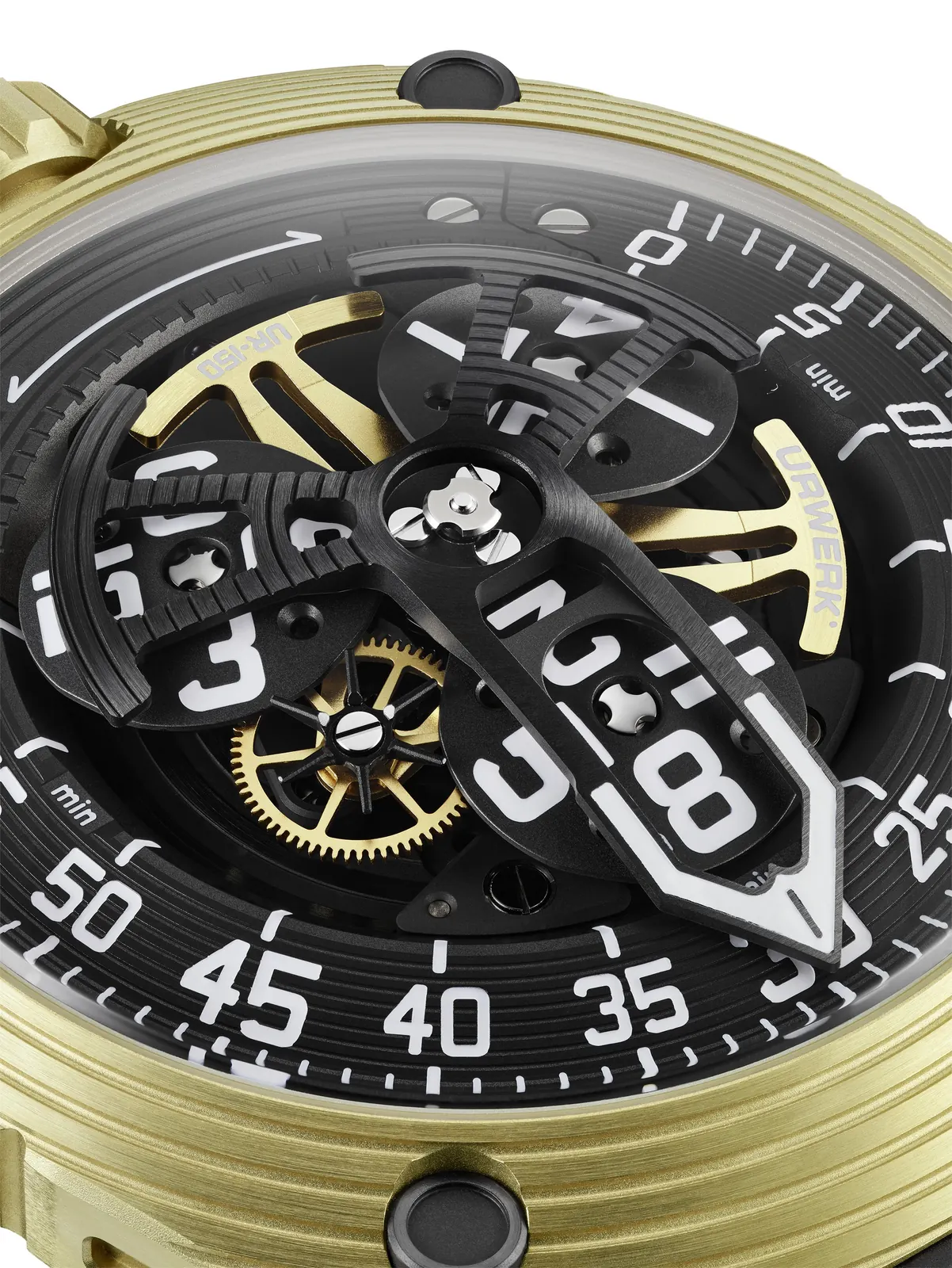 URWERK UR-150 Golden Scorpion case profile revealing ergonomic curves in 2N yellow gold