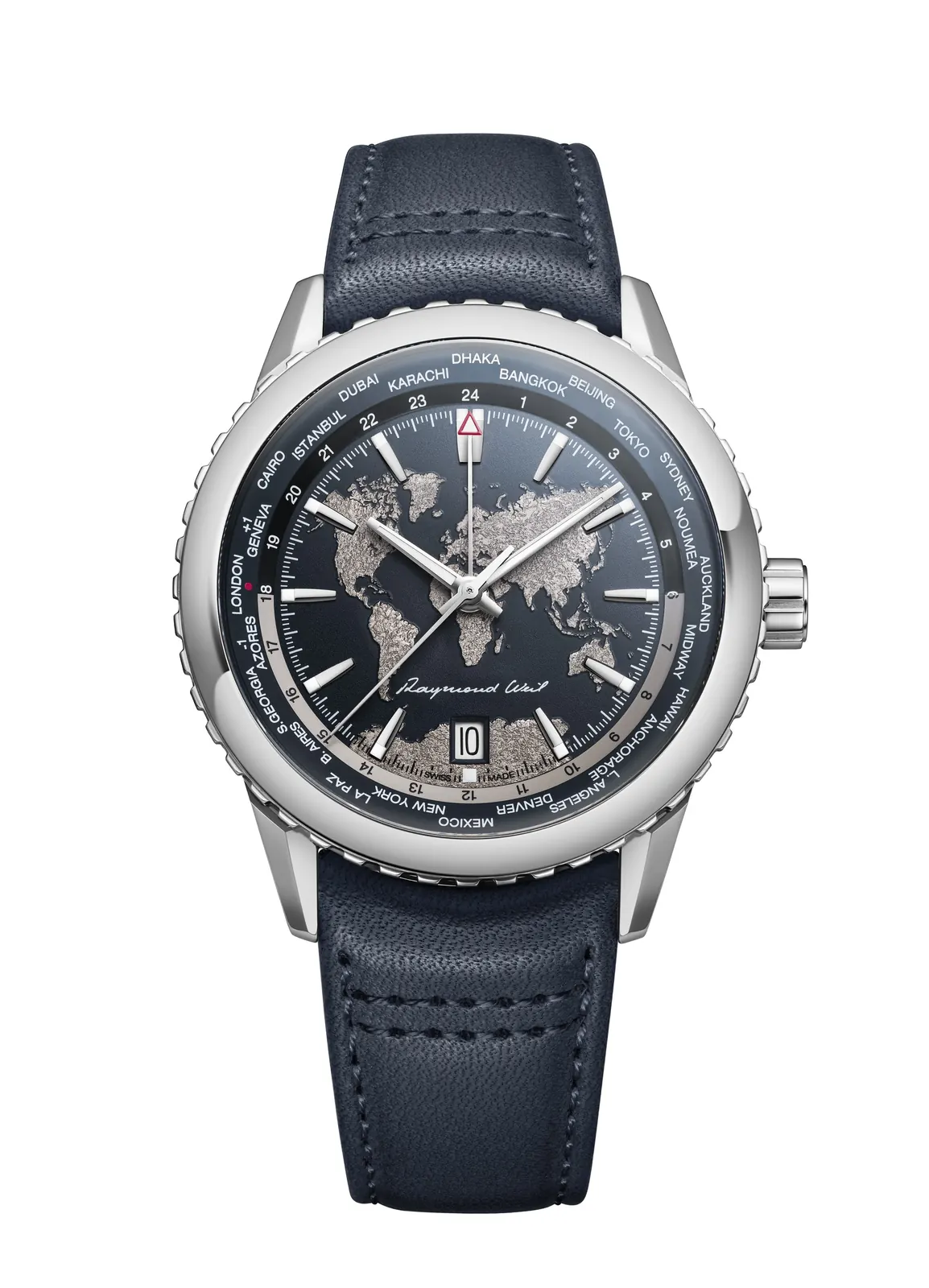 Raymond Weil Freelancer World-Traveller GMT hand and three-level dial in detail