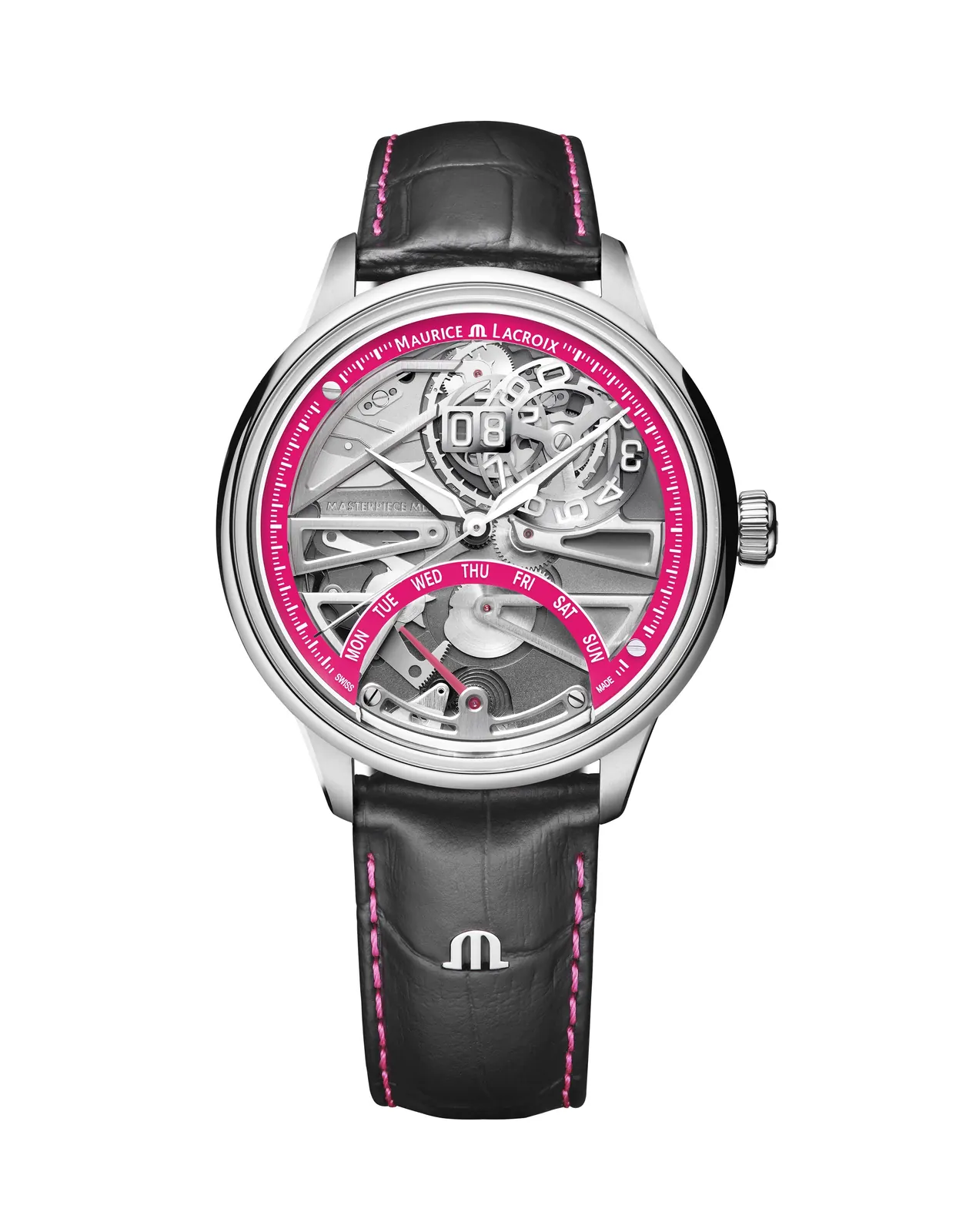Maurice Lacroix ML302 calibre movement detail through open caseback with ELA logo in pink