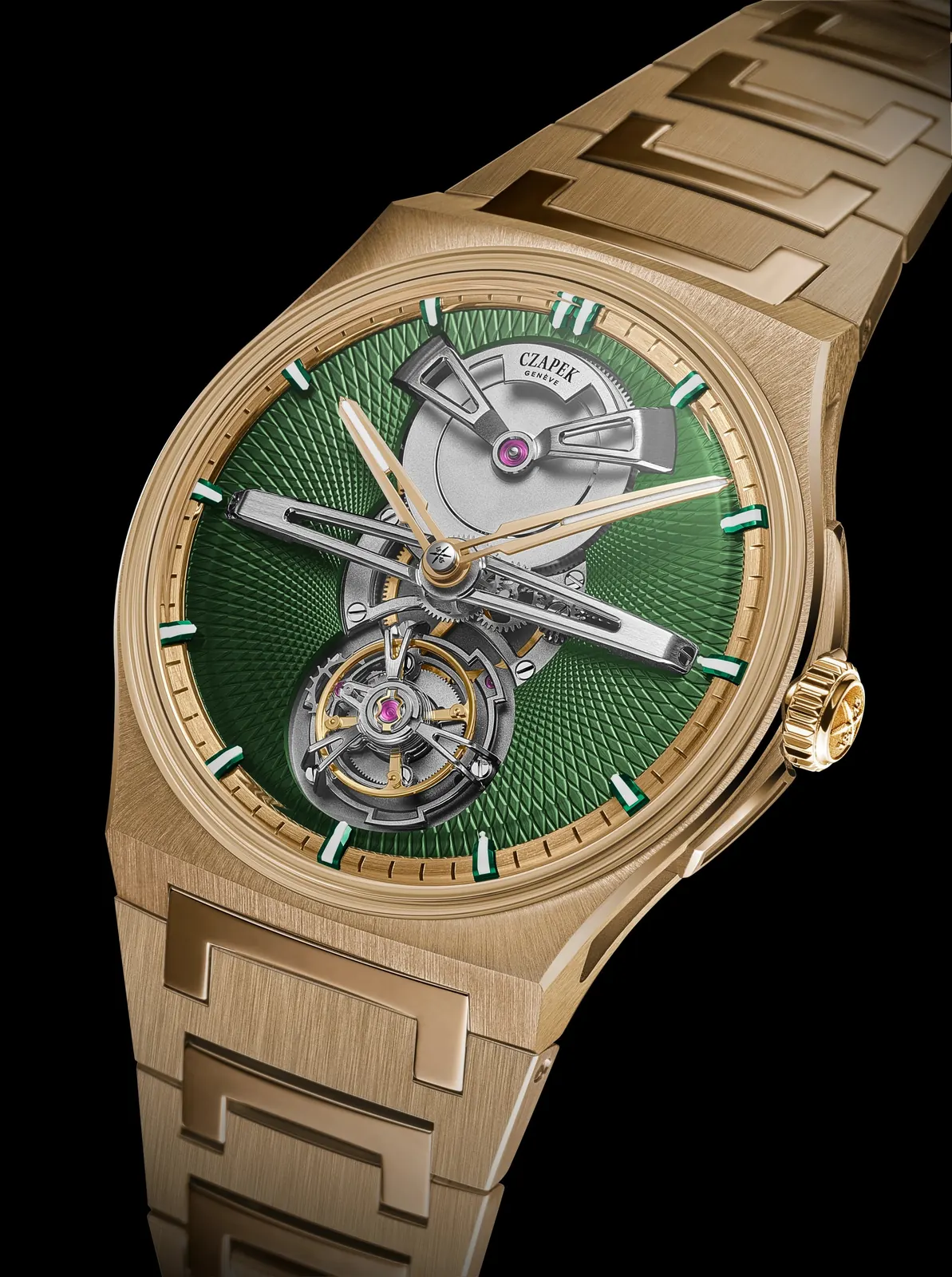 Close-up of Czapek Calibre 9 flying tourbillon in convex titanium cage, Antarctique Victory Green
