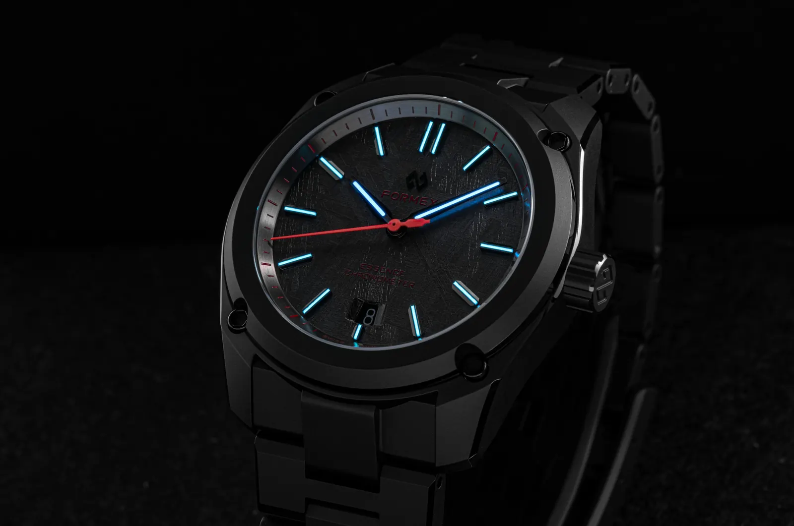 Formex Essence Ceramica Dark Matter Redshift Muonionalusta meteorite dial with red seconds hand close-up