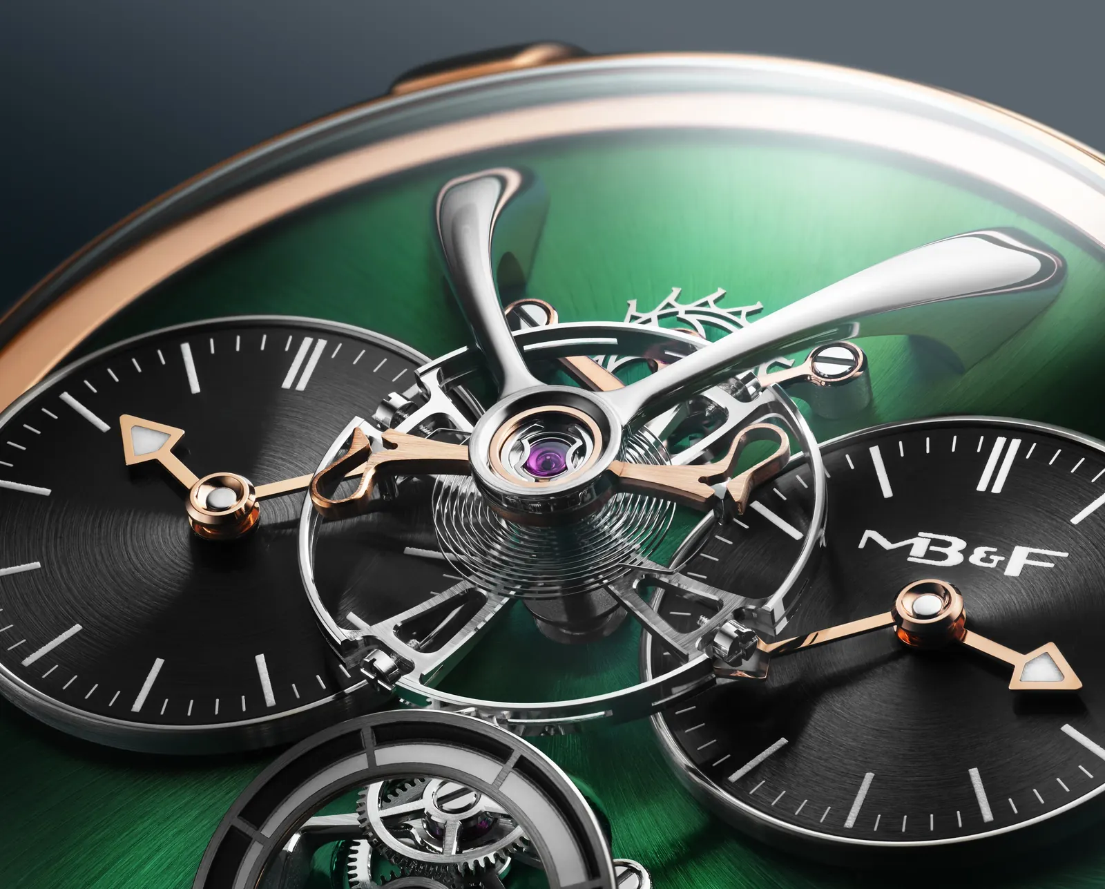 MB&F LM1 EVO movement detail showing 338-component manually wound calibre