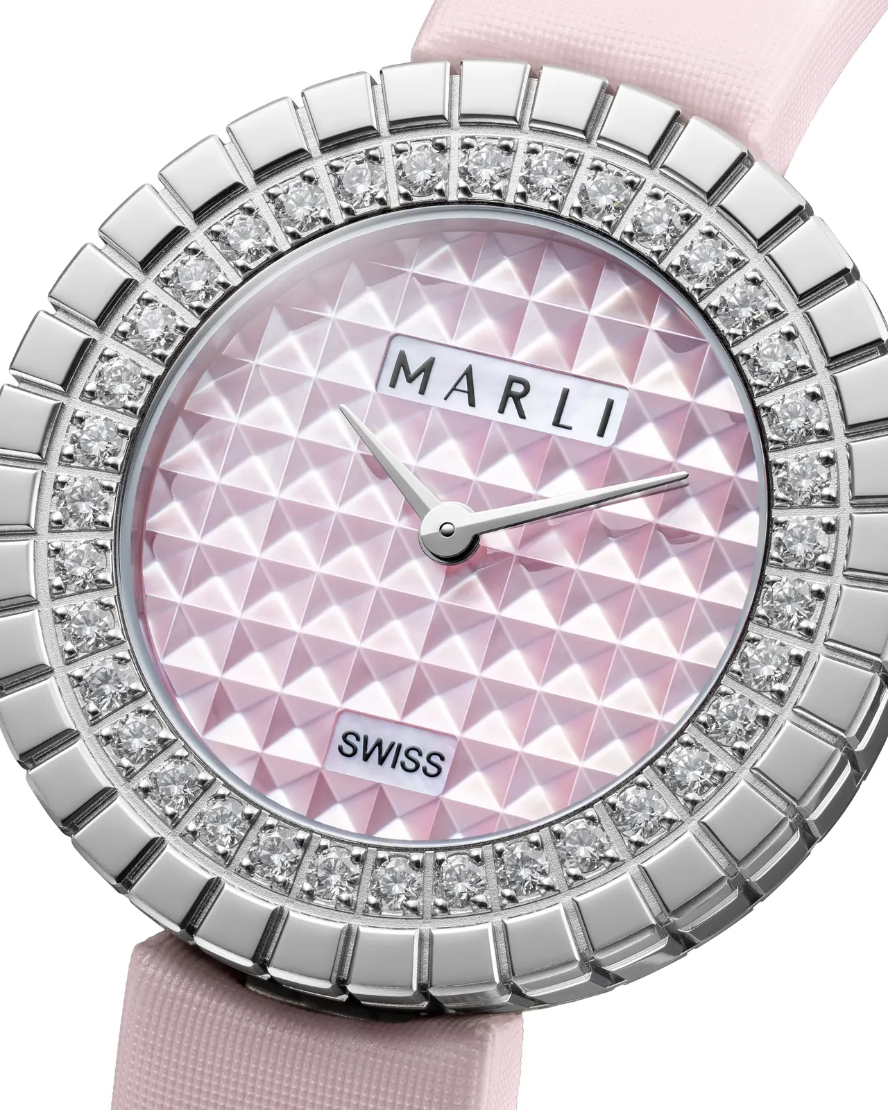 MARLI New York Pink L30 stainless steel case set with 36 diamonds and pink satin strap