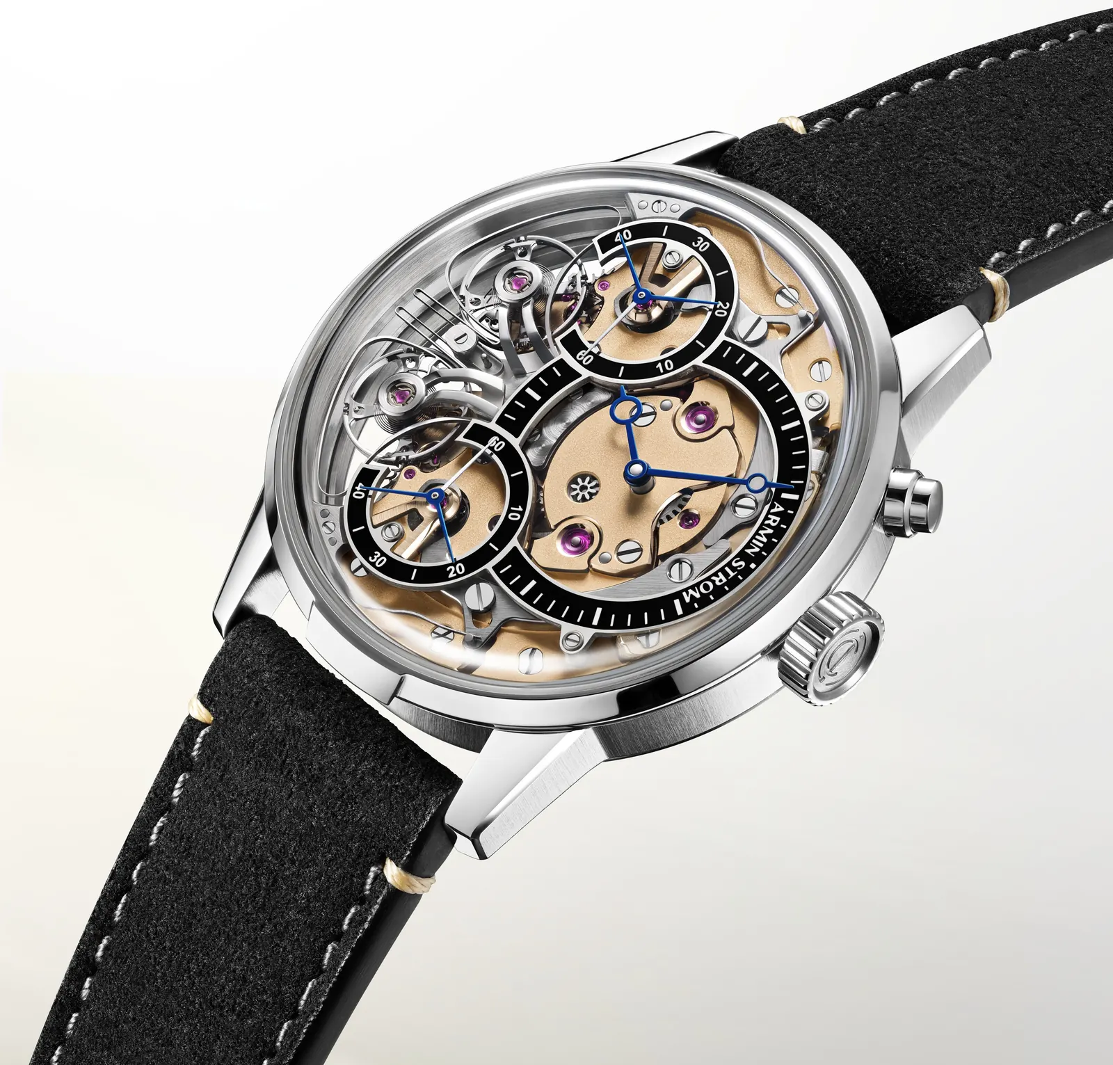 Armin Strom Zeitgeist 1665 3N on dark grey Alcantara strap with thermally blued pomme hands