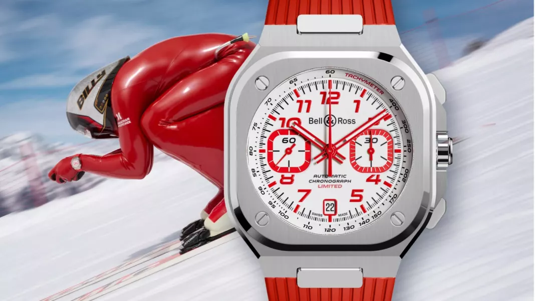 BELL & ROSS BR-05 Chrono Snow Rocket BELL & ROSS BR-05 Chrono Snow Rocket dial in close-up, with speed skier Simon Billy on the slope behind