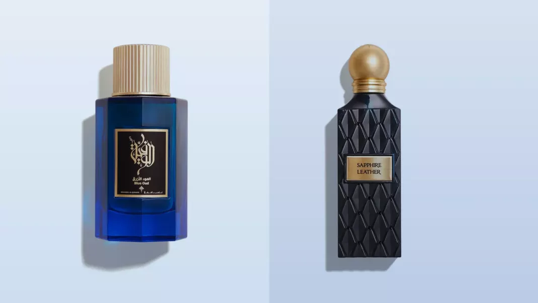 Ibraq Blue Oud and Sapphire Leather perfume bottles
