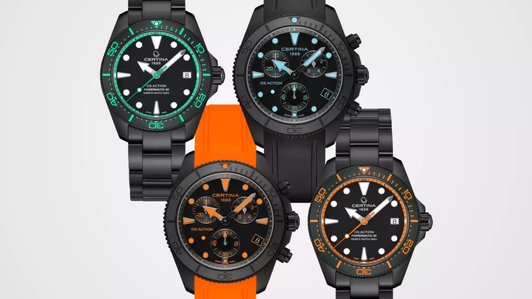 Certina DS Action padel - four watches (B) Four Certina DS Action watches in black PVD steel: two Divers with green and orange bezels and two chronographs with orange and blue accents