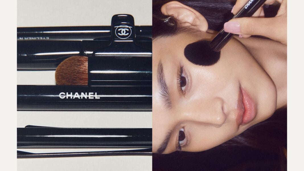 CHANEL Spring-Summer 2027 beauty backstage: CHANEL brushes and a model's complexion being prepared