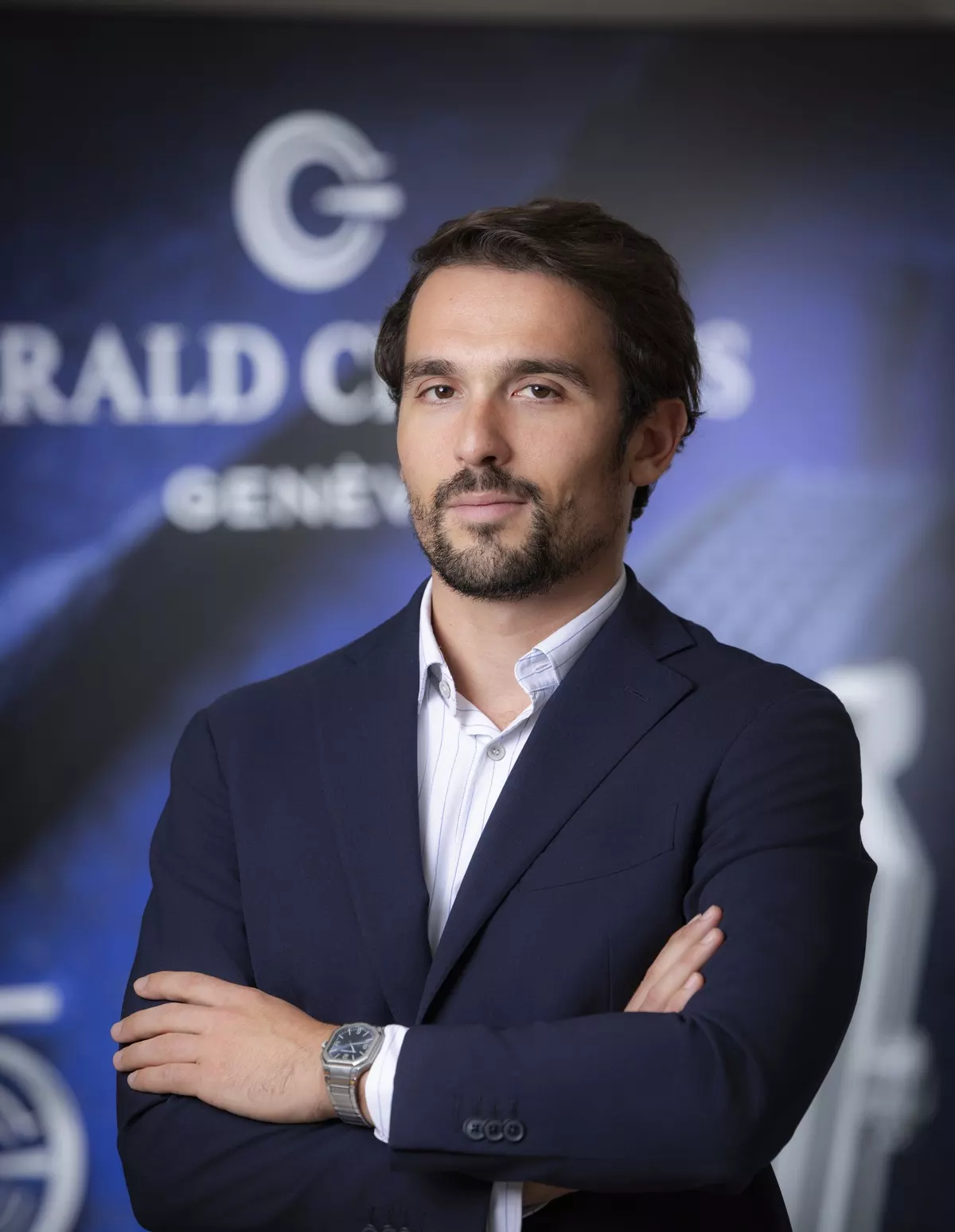 Federico Ziviani, CEO of Gerald Charles, arms crossed, a Gerald Charles watch on his wrist