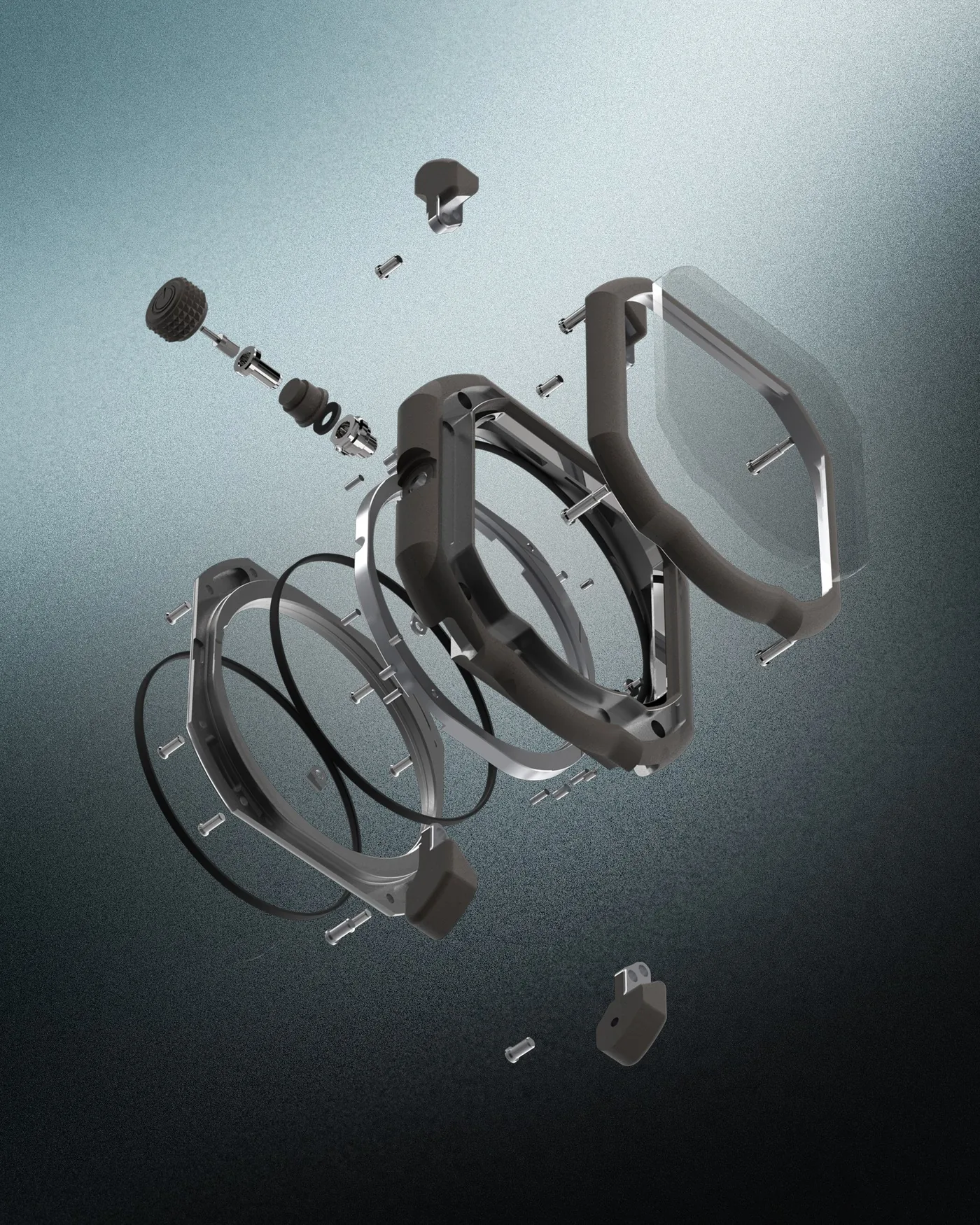 An exploded view of the Gerald Charles Maestro case, its bezel, caseback and gaskets