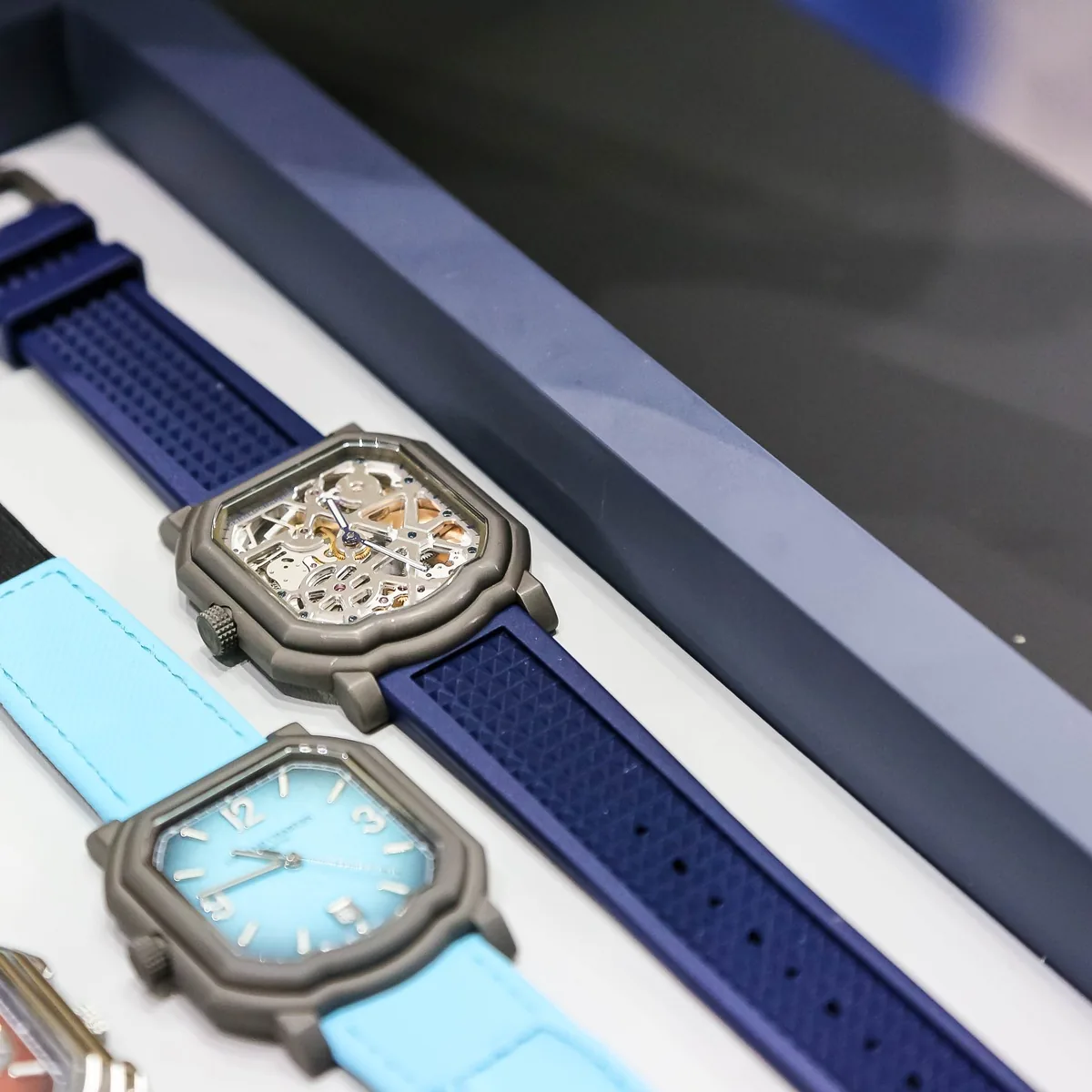 Maestro models and their interchangeable straps on the Gerald Charles stand at Milano Watch Week 2026