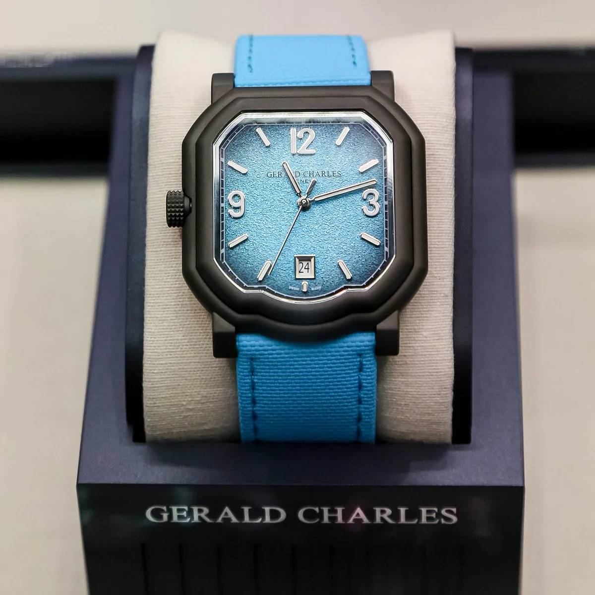 The Gerald Charles Maestro GC Sport Tennis Turquoise on the Maison's stand at Milano Watch Week 2026
