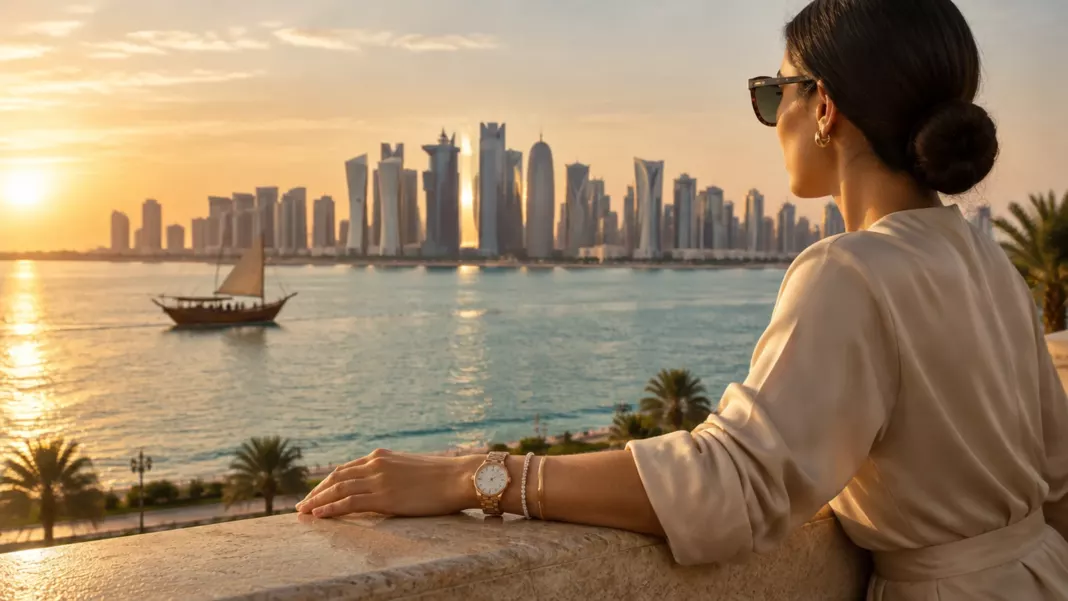 Woman wearing a rose-gold watch and a diamond bracelet on a terrace overlooking the Doha skyline at sunset