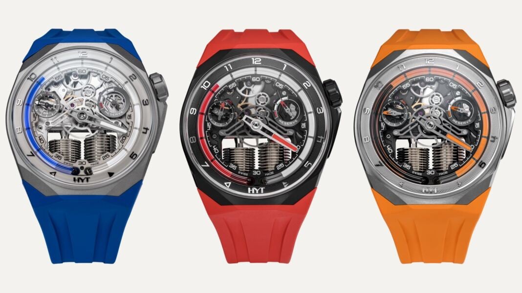 HYT S1 Beadblasted Titanium Blue, S1 Titanium DLC Red and S1 Titanium Orange side by side