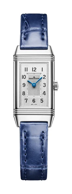 Jaeger-LeCoultre Reverso Classic Monoface Origin Q3878520, front view: stainless steel case, silver dial with Arabic numerals and blued Dauphine hands, blue alligator strap