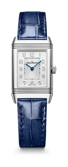 Jaeger-LeCoultre Reverso Classic Small Duetto Q2668443, front view: stainless steel case, tone-on-tone silver dial, blue alligator strap