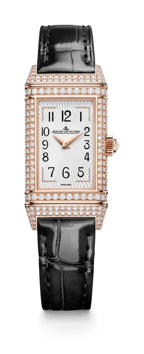 Jaeger-LeCoultre Reverso One Duetto Jewellery Q336247J, front view: pink gold case paved with diamonds, sunrayed silver dial, black alligator strap