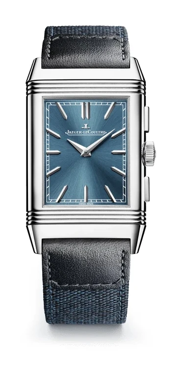 Jaeger-LeCoultre Reverso Tribute Chronograph Q389848J, front view: stainless steel case, grey-blue sunray dial, blue canvas and leather strap