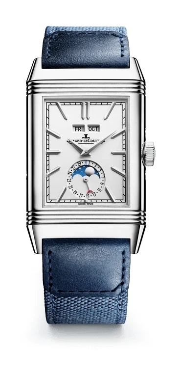 Jaeger-LeCoultre Reverso Tribute Duoface Calendar Q3918420, front view: stainless steel case, grained dial with full calendar and moon phase, blue strap