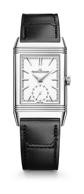 Jaeger-LeCoultre Reverso Tribute Duoface Small Seconds Q3908410, front view: stainless steel case, white opaline dial with small seconds, black leather strap