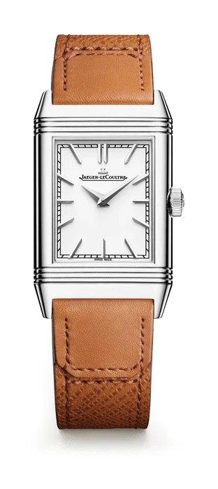 Jaeger-LeCoultre Reverso Tribute Monoface Q7168420, front view: stainless steel case with gadroons, opaline silver-grey dial, tan calfskin Casa Fagliano strap