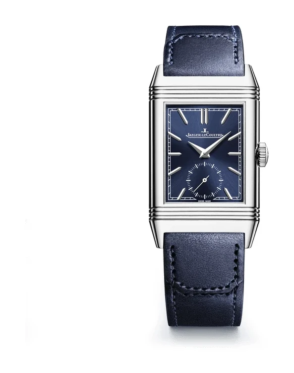 Jaeger-LeCoultre Reverso Tribute Monoface Small Seconds Q397848J, front view: stainless steel case, blue dial with small seconds at 6 o'clock, blue leather strap