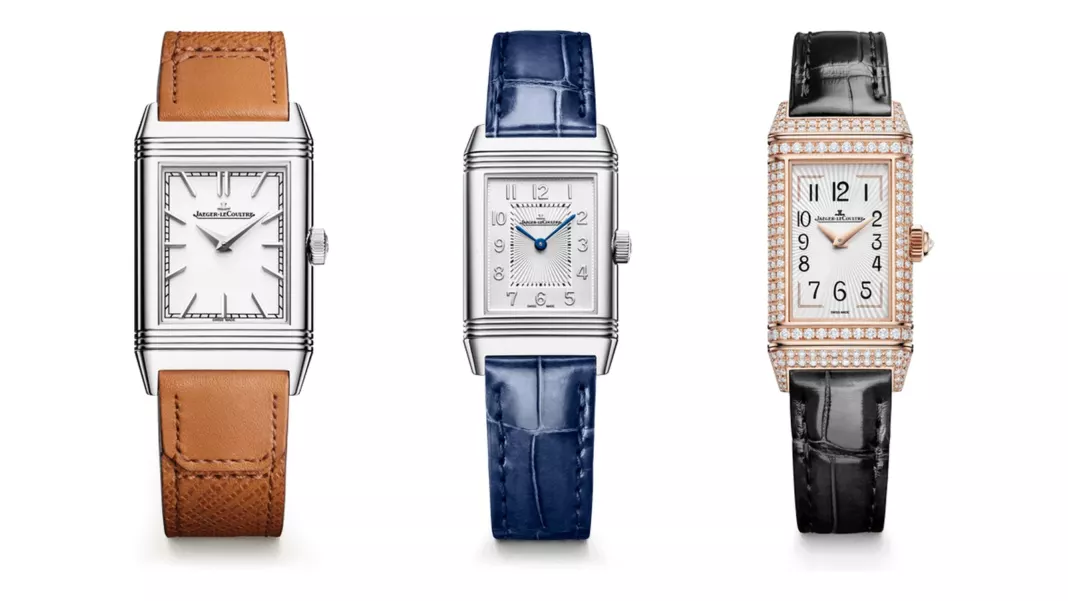 Three Jaeger-LeCoultre Reverso watches side by side: Reverso Tribute Monoface in steel, Reverso Classic Small Duetto in steel and Reverso One Duetto Jewellery in pink gold with diamonds