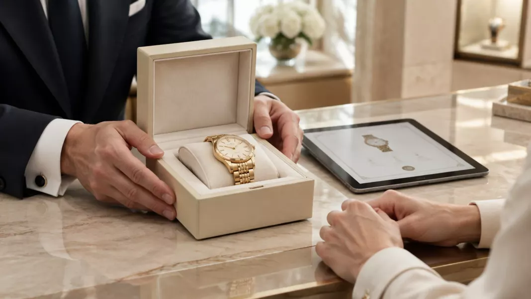 Luxury after-sales: returning a serviced watch A client advisor returns a serviced gold watch in its box, with a digital certificate on a tablet