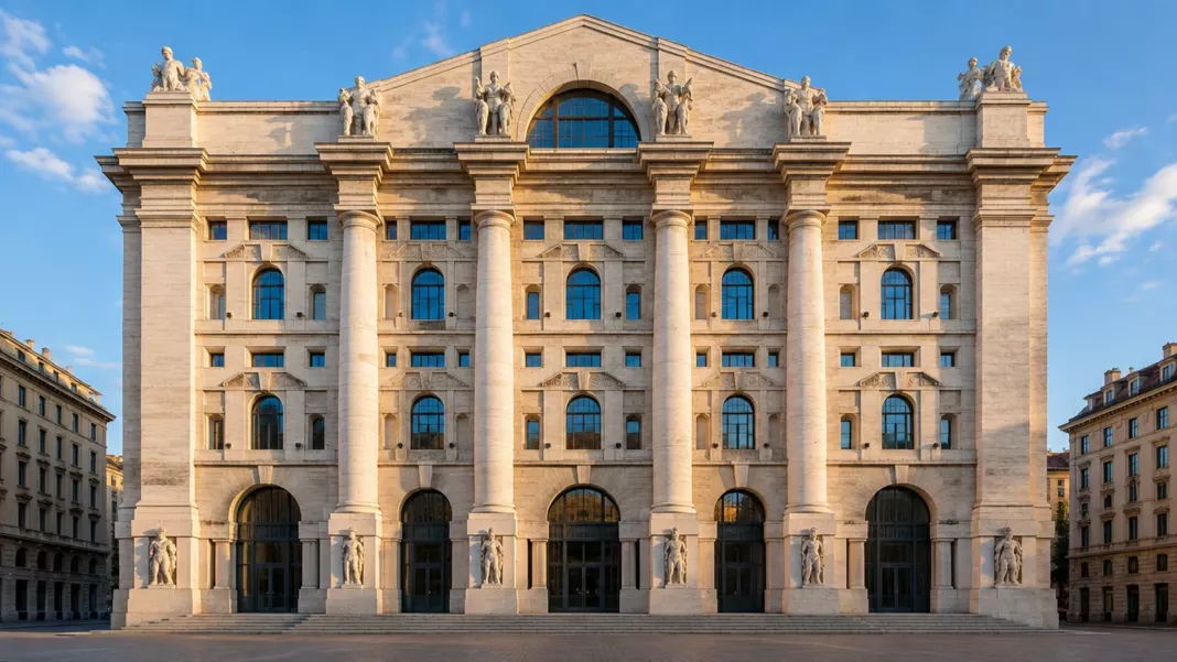 The neoclassical fa&ccedil;ade of Palazzo Mezzanotte on Piazza degli Affari in Milan, venue of Milano Watch Week 2026