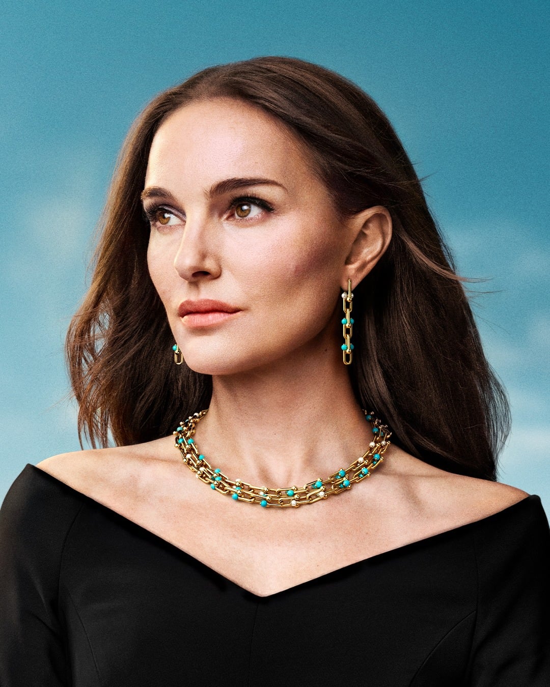 Natalie Portman, Global House Ambassador for Tiffany & Co., wearing HardWear by Tiffany with turquoise and pearls