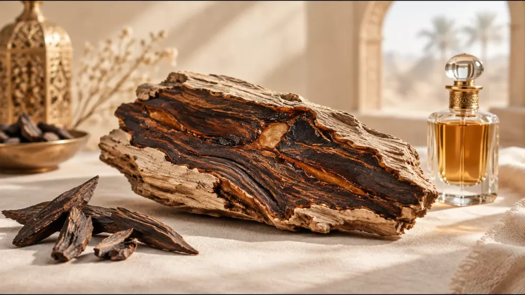 Resin-veined agarwood heartwood, the source of oud, with agarwood chips and a flacon of oud oil