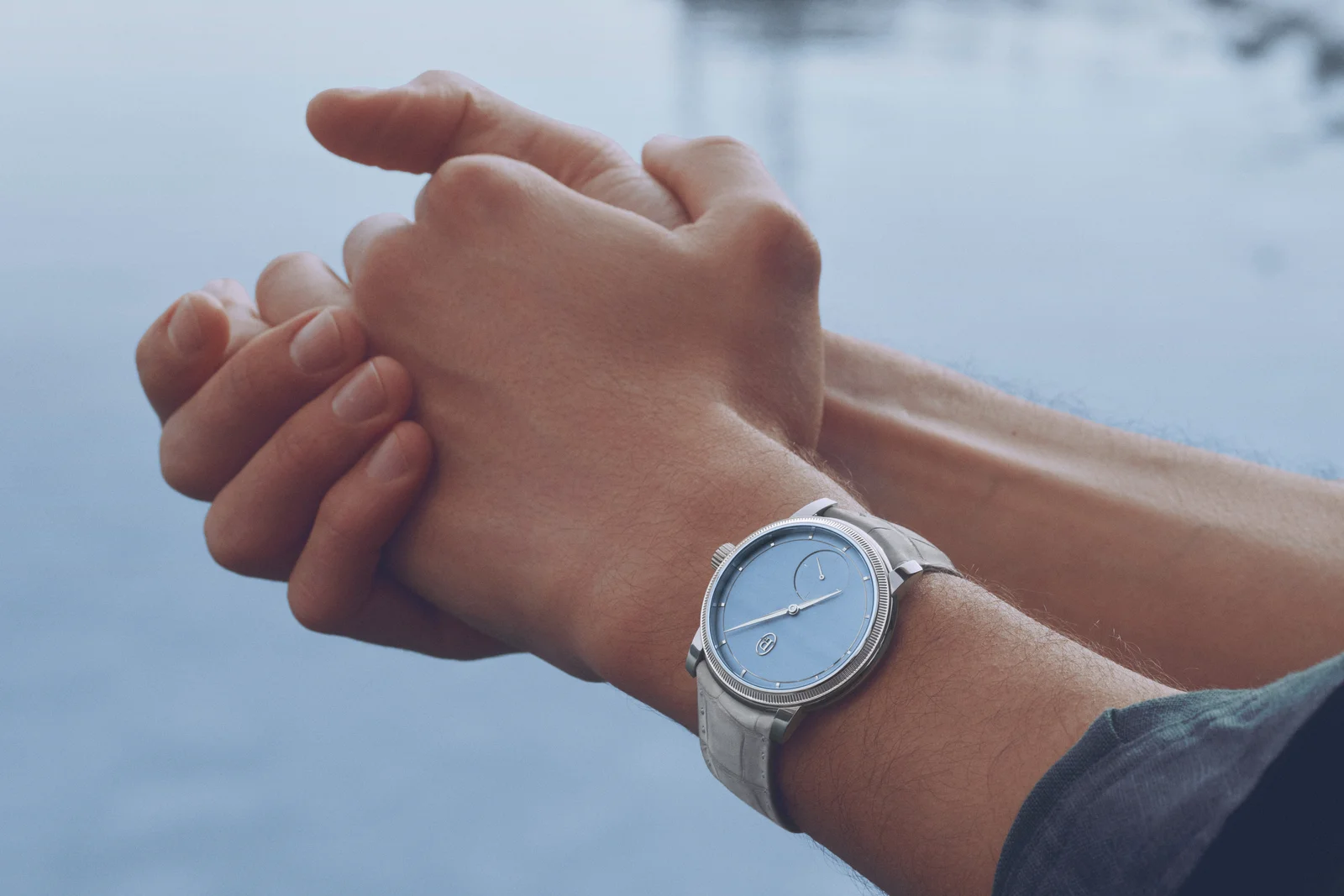 TORIC Petite Seconde Platinum in Morning Blue worn on the wrist