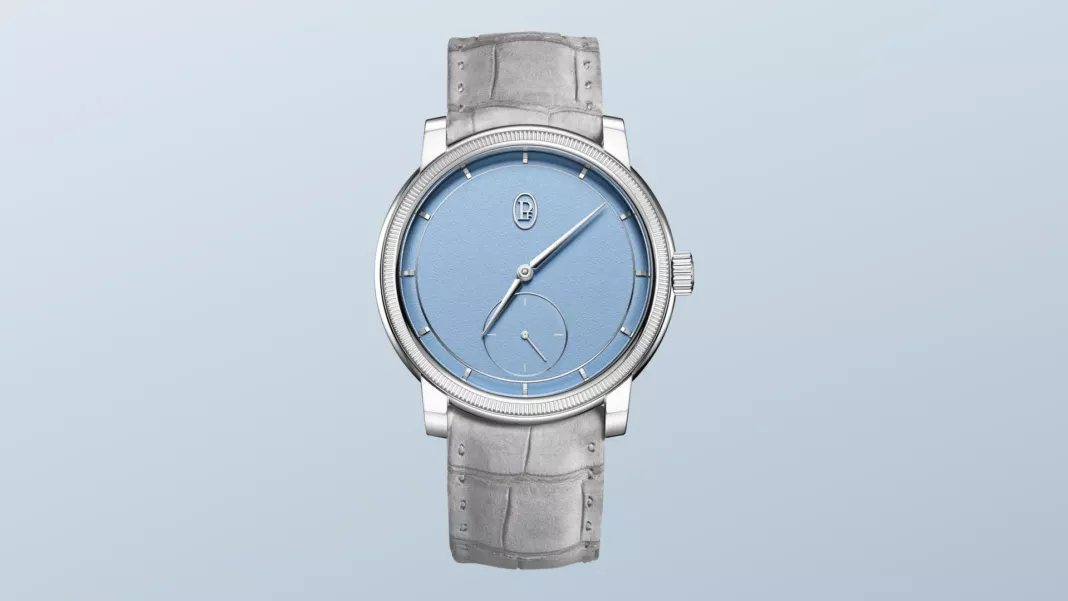 Parmigiani Fleurier TORIC Petite Seconde Platinum in Morning Blue, front view on Akoya Grey strap