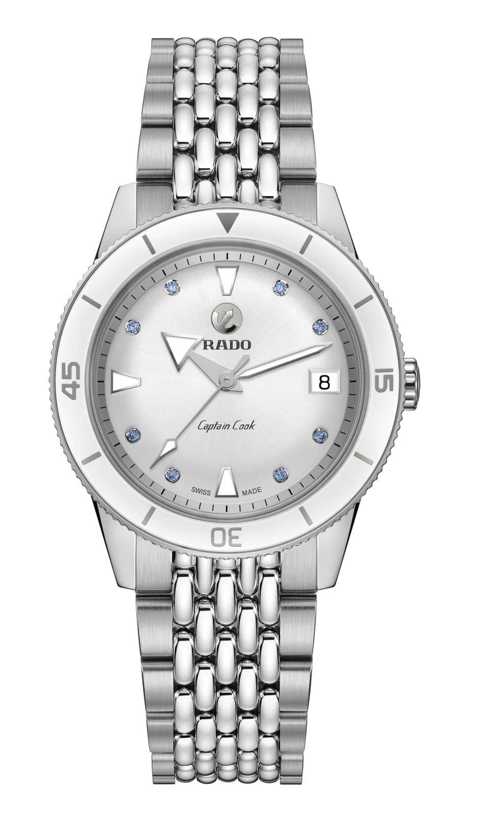 Rado Captain Cook Automatic 37 mm R32500718, front view: white dial with eight ice-blue sapphire hour markers and date, white high-tech ceramic bezel inlay, steel bracelet