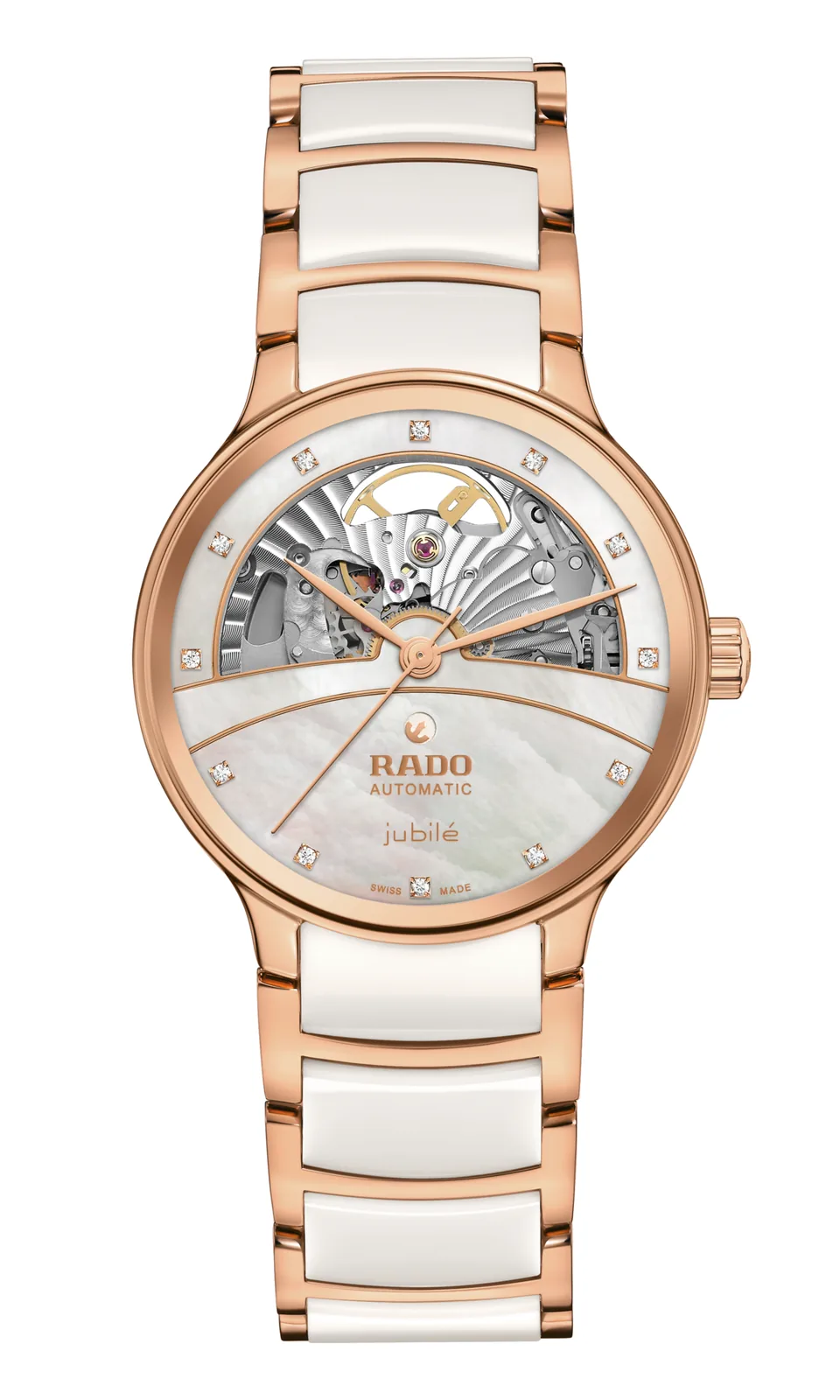 Rado Centrix Automatic Diamonds Open Heart R30029922, front view: white mother-of-pearl open-heart dial set with 12 diamonds, rose gold-coloured PVD steel and white high-tech ceramic bracelet