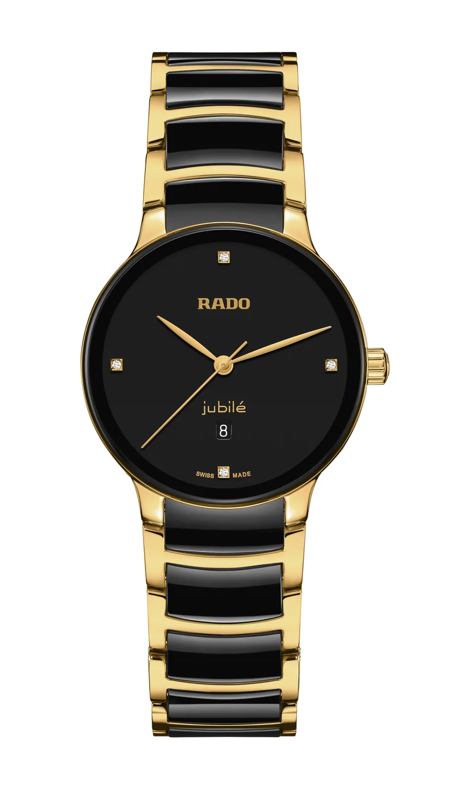 Rado Centrix Diamonds R30025712, front view: black lacquered dial with 4 diamonds and date, yellow gold-coloured PVD steel bracelet with black high-tech ceramic middle links