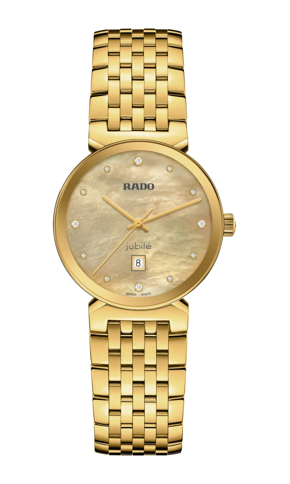 Rado Florence Diamonds R48915903, front view: mother-of-pearl dial set with 12 diamonds and date, yellow gold-coloured PVD steel case and bracelet