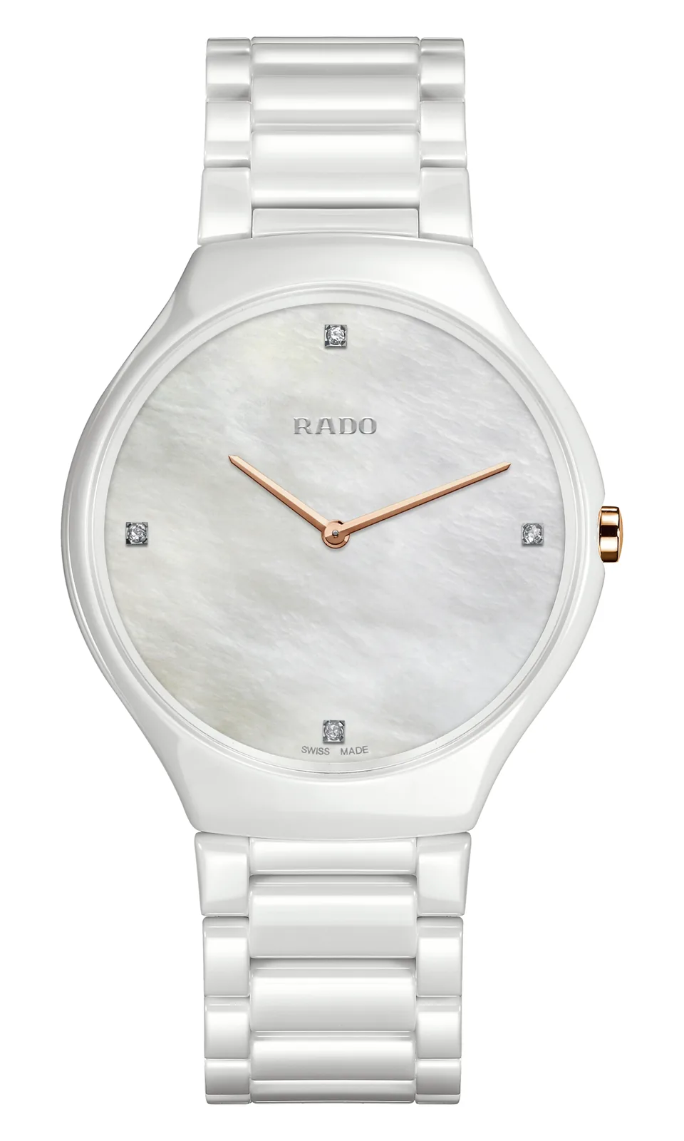 Rado True Round Thinline Diamonds R27957909, front view: white dial set with four diamonds, white high-tech ceramic case and bracelet