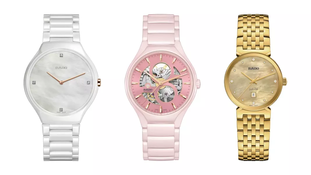 rado-women-uae-true-round-florence-1600x900-1 Three Rado women's watches side by side: True Round Thinline Diamonds in white high-tech ceramic, True Round Open Heart Limited Edition in rose ceramic and Florence Diamonds in yellow gold-coloured steel