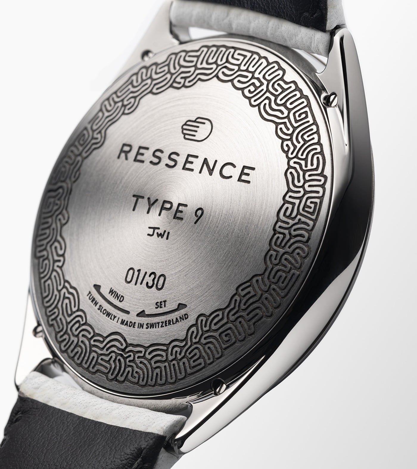 The engraved caseback of the Ressence TYPE 9 Jules Wittock, numbered 01/30